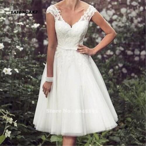 Beach Elegant Tea Length Short Wedding Dresses Cap Sleeves Appliques Lace Bridal Gowns V Neck Vestido De Novia Robe Mariage