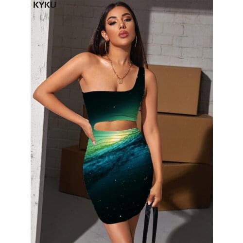 KYKU Galaxy Dress Women Space Pleating Universe Bodycon Dress Colorful Hollow out Dresses Womens Clothing Summer Short Boho