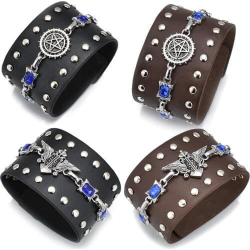 2016 Punk Kuroshitsuji Black Butler Bracelets Blue Rhinestone Charles Contract Logo Leather Bracelet Cosplay Jewelry Wholesale