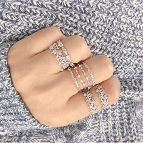 8 Pcs/Set Beach Fashion Rings Set Women Vintage Geometric Crystal Silver Color Party Ring Bohemian Lady Elegant Jewelry