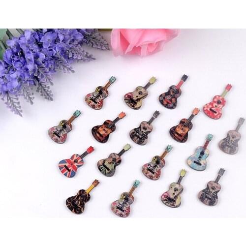 Free shipping 2015 New 100pcs Mixed 2 Holes Cartoon Lovely Colorful Guitar Shape Wood Sewing Buttons Scrapbooking 18x36mm D2846