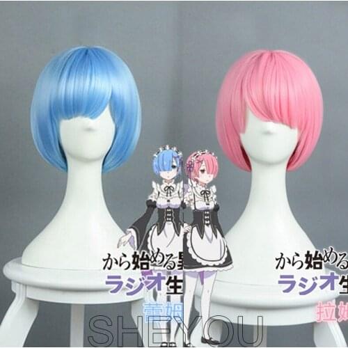 Pure Color REM Cosplay Wig RAM Cosplay Wigs Re:Zero Starting Life in Another World Costume Halloween Party Wigs High Quality Wig