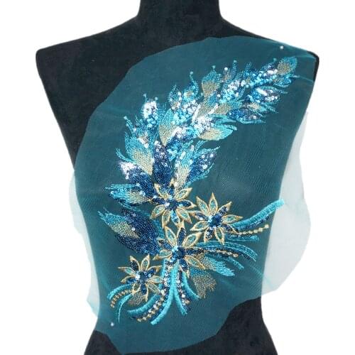 Sky Blue Sequined Flowers Appliques Feather Tail Embroidered Collar Wedding Lace Trims Mesh Sew On Patches For Dress DIY Decor