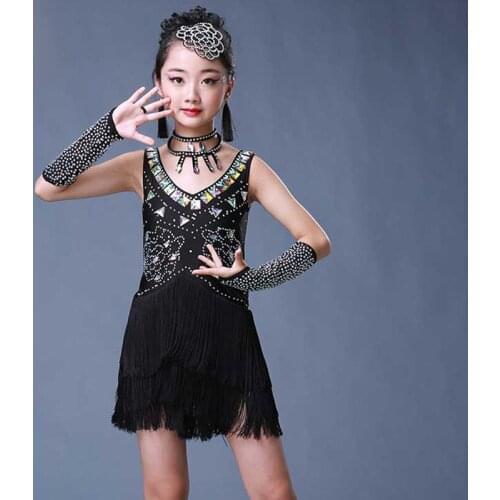 Child kid children professional latin dance dress for Kids ballroom dancing dresses for Gorls black sequin fringe salsa tassel