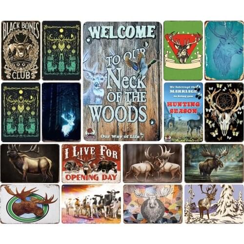 Welcome To Our Neck of The Woods Vintage Metal Tin Plate Reindeer Elk Cow Skull Animal Totem Forest for Bar Decoration Yard Sign