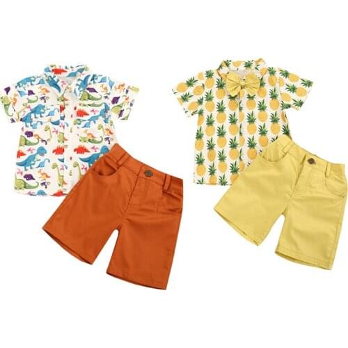 FOCUSNORM 0-4Y Summer Casual Boys Clothes Sets Pineapple/Dinosaur Printed Short Sleeve Shirt and Short With Bow Tie