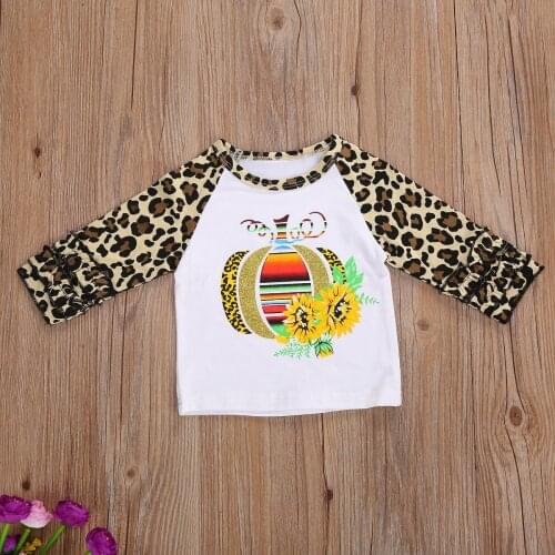 Little Girls Halloween T-shirt Creative Pumpkin Flower Printing Leopard Print Long Sleeve Round Collar Top Casual Clothes