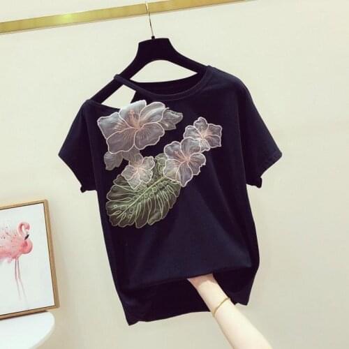 New Korean version of strapless handmade three-dimensional printing decorative round neck T-shirt womens casual top trend