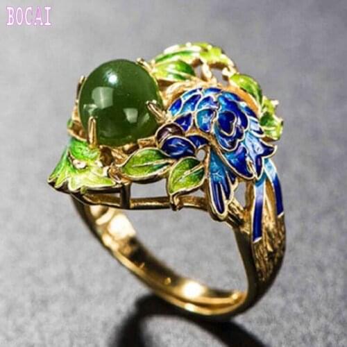 2019 new S925 sterling silver rings cloisonne jewelry roasted blue craft green leaves natural stone ring Womans fashion ring