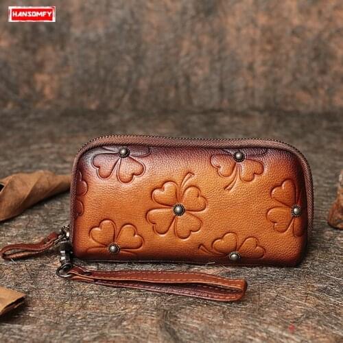 Vintage Suede Leather Women Long Zipper Wallet Hand-painted Rivet Clutch Bags Genuine Leather Card Holder Wallet Original Female