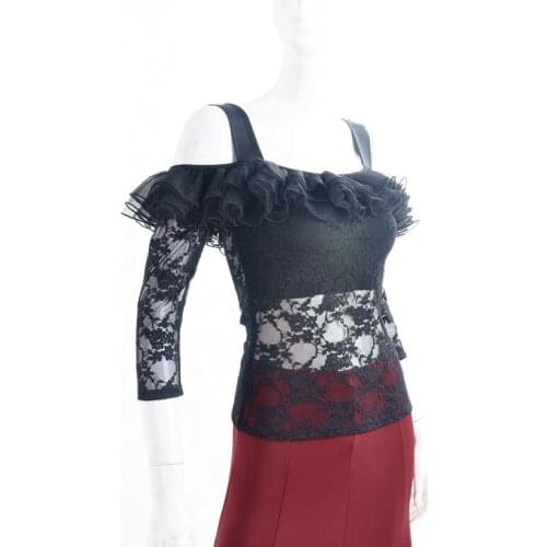Latin dance lace blouse top ladies wide shoudler belt lace sleeve mesh ruffled collar T15026