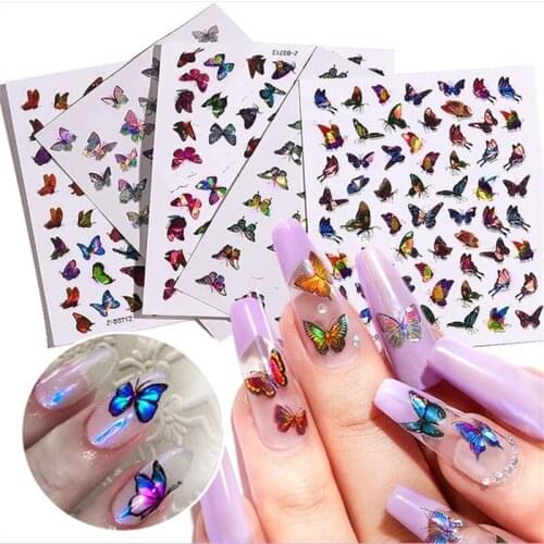 Laser Color Butterfly Nail Art Stickers Holographic 3D Gradient Butterflies Adhesive Nail Decals DIY Manicure Decorations