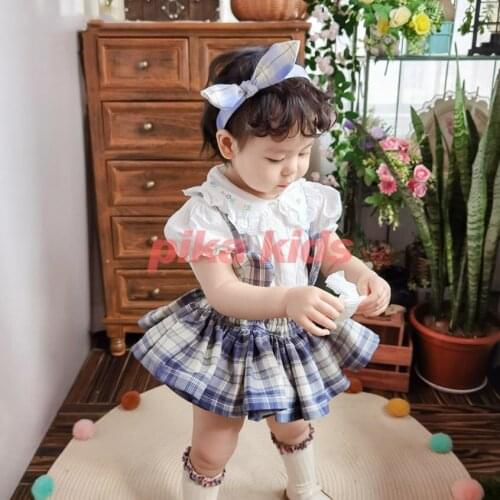 Summer Spanish Lolita Sets Short Sleeve Shirt+Plaid Sling Dress Birthday Party Easter Eid Sets Dress For Girls Vestidos A122