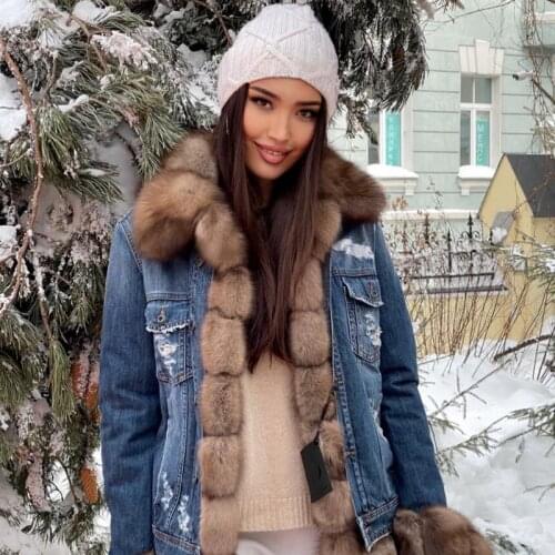 FURSARCAR 2021 Top Fashion Denim Jacket Real Fox Fur Coat Elegant Female Thick Warm Winter High Street Style Natural Fur Coat