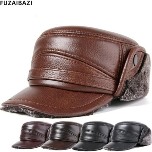 FUZAIBAZI 2021New Genuine Leather Mens Thicken Warm First Layer Cowhide Military Hat Winter Outdoor Earmuffs Flat Cap Dad Hats