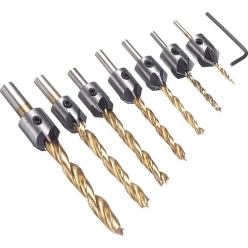 8pcs Reamer Woodworking Chamfer Drill Bit Set Titanium Coating Countersink Drill Bits with Hex Key Screw Hole Drill Cutter