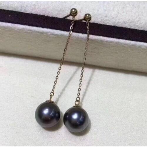Charming pair of 10mm tahitian round black green pearl earring 18k