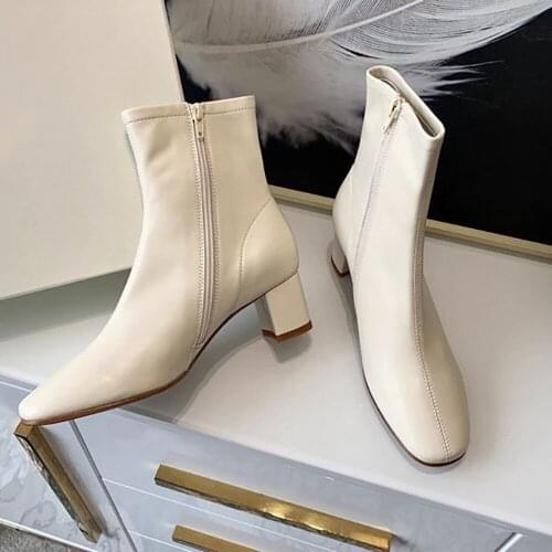 Solid Color Genuine Leather Square Toe Ankle Boots Brand Design Women Shoes 2020 Fashion High Heels 4.5cm Zipper Boots