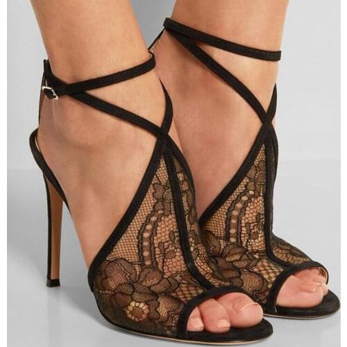 Sexy Floral Lace Instep Covered Crossed Strappy Stiletto Sandals Peep Toe Thin Heels Summer Ladies Party Lace High Heels
