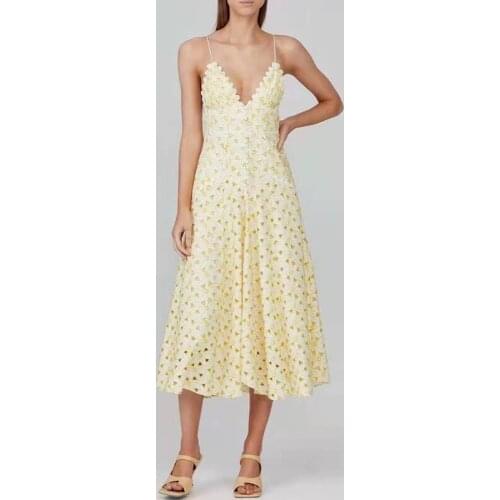 Runway Fashion Women Summer Dress 2021 Designer High Quality Flower Embroidery Hollow Out Yellow Long Party Holiday Beach Dress