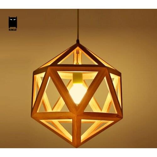 Oak Wood Diamond Cage Pendant Light Fixture Modern Nordic Hanging Lamp Lustre Avize Luminaria for Indoor Home Dinning Table Room