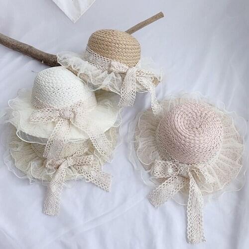 Girls Lace Sun Hats For Wide Brim Straw Beach Side Cap Floppy Dome Hat Lace Fringe Straw Hat Child Summer Panama
