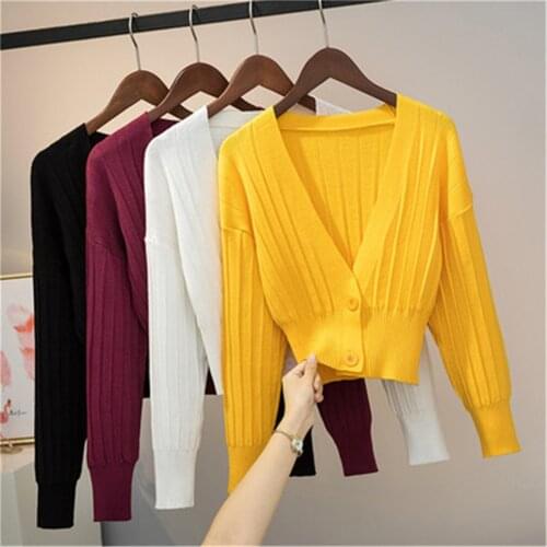 Spring Autumn Clothes Woman Sweaters Long Sleeve Short Sweater V-neck Tops 2021 Cardigan Sweater Women Knit Sweater Coat korean