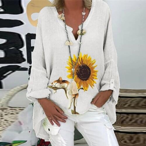 40# Plus Size Blouse Women Casual Cotton Linen Long Sleeve Floral Print Loose Sexy V-neck Blouse Aesthetic Top Блузка Женская