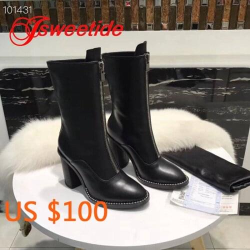 Brand Women Calf height Black Leather Wild Fold High Heel Boots Fashion personalized metal zipper comfortable Cowhide boots