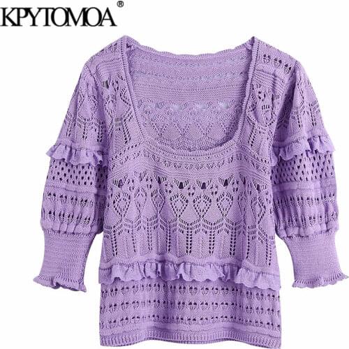 KPYTOMOA Women 2021 Fashion Hollow Out Embroidery Crop Knit Sweater Vintage Short Sleeve Ruffled Female Pullovers Chic Tops