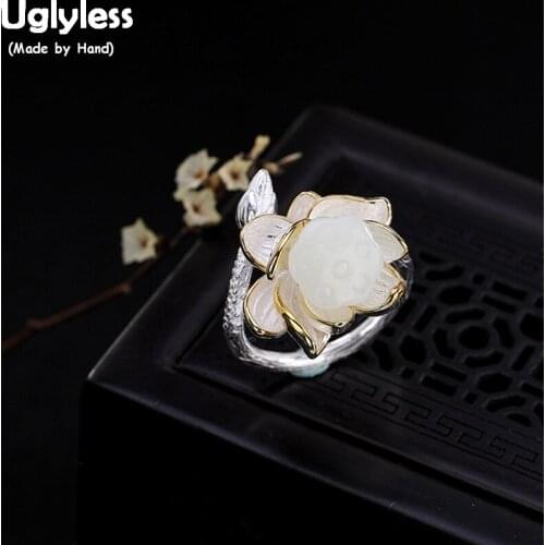 Uglyless Real Solid 925 Sterling Silver Lotus Finger Rings for Women Natural Jade Flower Open Ring Ethnic Fine Jewelry 2 sizes
