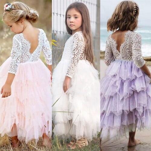 3-8 Years Autumn Girl Dress Princess Wedding Party Little Girl Ceremonies Flower Lace Tutu Layered Dress Backless Clothes