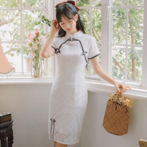Modern Fashion Girl White Vintage cheongsam Women 2021 summer Young Elegant Chic Sexy Hollow Lace Cheongsam Vestido de mujer