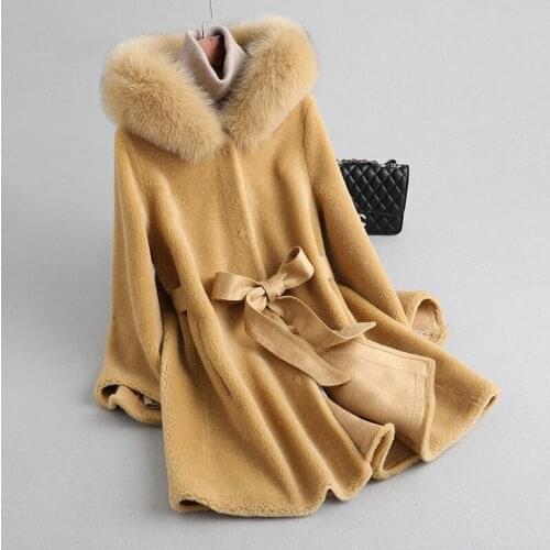 Coat Fur Real Winter Jacket Women Fox Fur Collar Sheep Shearling Fur Jackets 100% Wool Coat Female Suede Leather MY3848 s