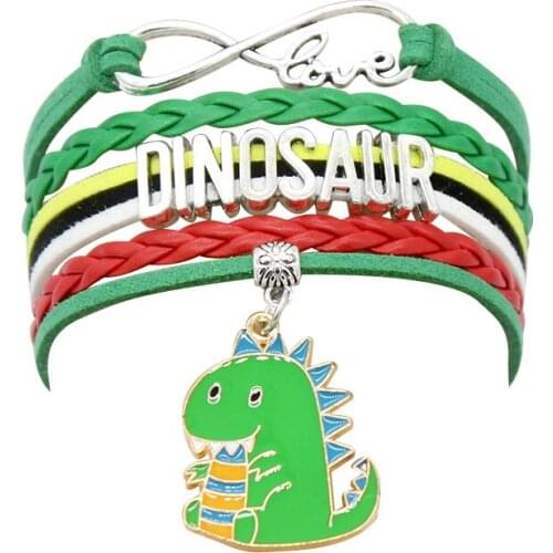 10PC Infinity Love Dinosaur Rabbit Cute Animal Charm Silver Plated leather wrap bracelets & bangles for Women Men jewelry