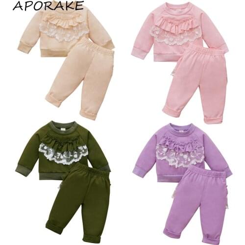 2021 3-24M Cute Infant Baby Girl Clothes Flower Lace Ruffle Long Sleeve O Neck Sweatshirt+Tutu Long Pants Autumn 2pcs Outfits