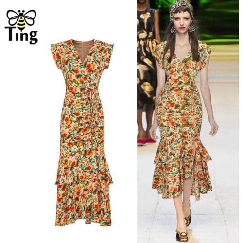 Tingfly Runway Designer Ruffles Elegant Floral Party Dinner Dress Retro Sexy Drawstring Midi Sheath Elbise Painting Frocks Traf