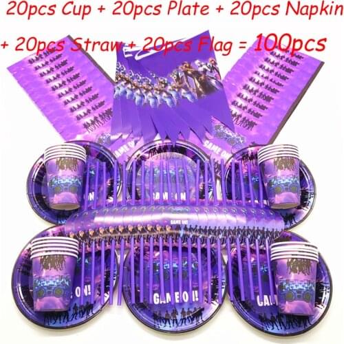Purple Game On Theme Happy Birthday Party Decorations Supplies Kids Eat Chicken Game Baby Shower Cup Plate Napkin Flag Straw