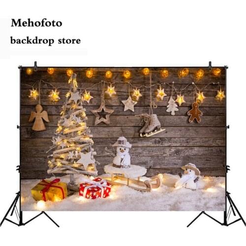 Mehofoto Winter Snowman Photo Backdrop Christmas Tree Photography Background White Snow Wood Wall Studio Supplies 127