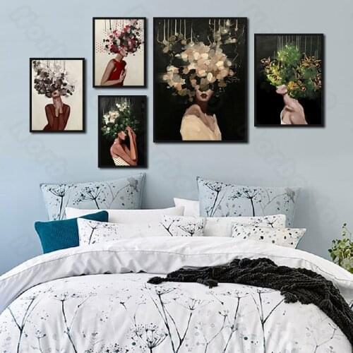 European Style Canvas Painting Wall Poster Oil Painting Pretty Girls with a Bunch of Flowers On Hairs for Home Rooms Wall Decora