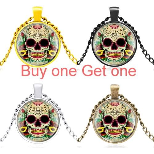 Classic Skull Flower Design Glass Dome Retro Pendant Necklace Men Women Jewelry Gifts