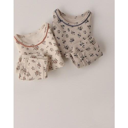 8596 Korean Childrens Home Clothing Autumn Floral Printed Pajamas Suit Long Sleeve Cotton Girls 2pc clothes Set