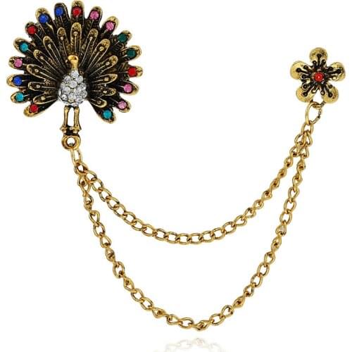 Retro Suit Metal Brooch Luxury Sweater Vintage Animal Peacock Tassel Lapel Pin Double-layer Chain Men Crystal brooch Accessories