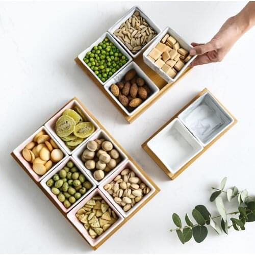 Marble Salad Bowl Texture Ceramic Fruits Platter Dish Plate Porcelain Snacks Candy Nut Desserts Eco Bamboo Tray Set