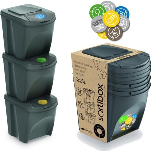 Set of 3 Bin 60 Liters Kitchen (3X20L) Waste Paper Container Bathroom, Charcoal 39,2 - 29,3 - 33cm