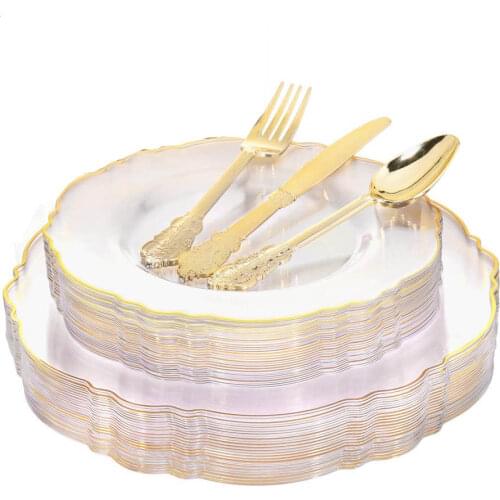 50Pcs Disposable Party Tableware Transparent Plastic Plate and Knife Fork and Spoon Set Wedding and Birthday Party Supplies