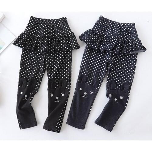 The 2021 autumn style imitates denim trousers, girl lace skirt trousers, childrens cartoon cat podot childrens skirt trousers