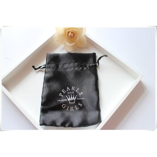Customized silver Logo black Satin pouch Drawstring bag Jewelry packing bag Gift Bags free shipping