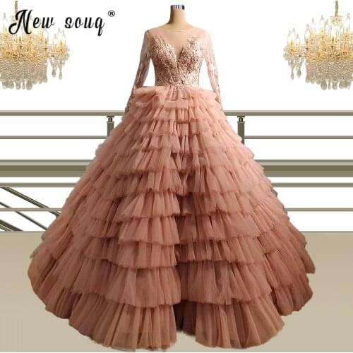 Blush Pink Ruffles Tiered Evening Dresses Long A Line Long Sleeve 2021 Ball Gown Puffy Formal Dress Tulle Evening Party Dress