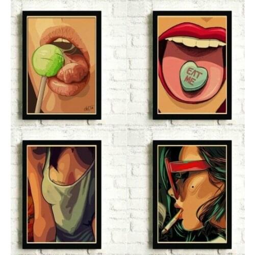 Sexy Retro Funny Womens Tongue Licking European and American-Style Decorative Painting Canvas Living Room Bedroom Wall Art
